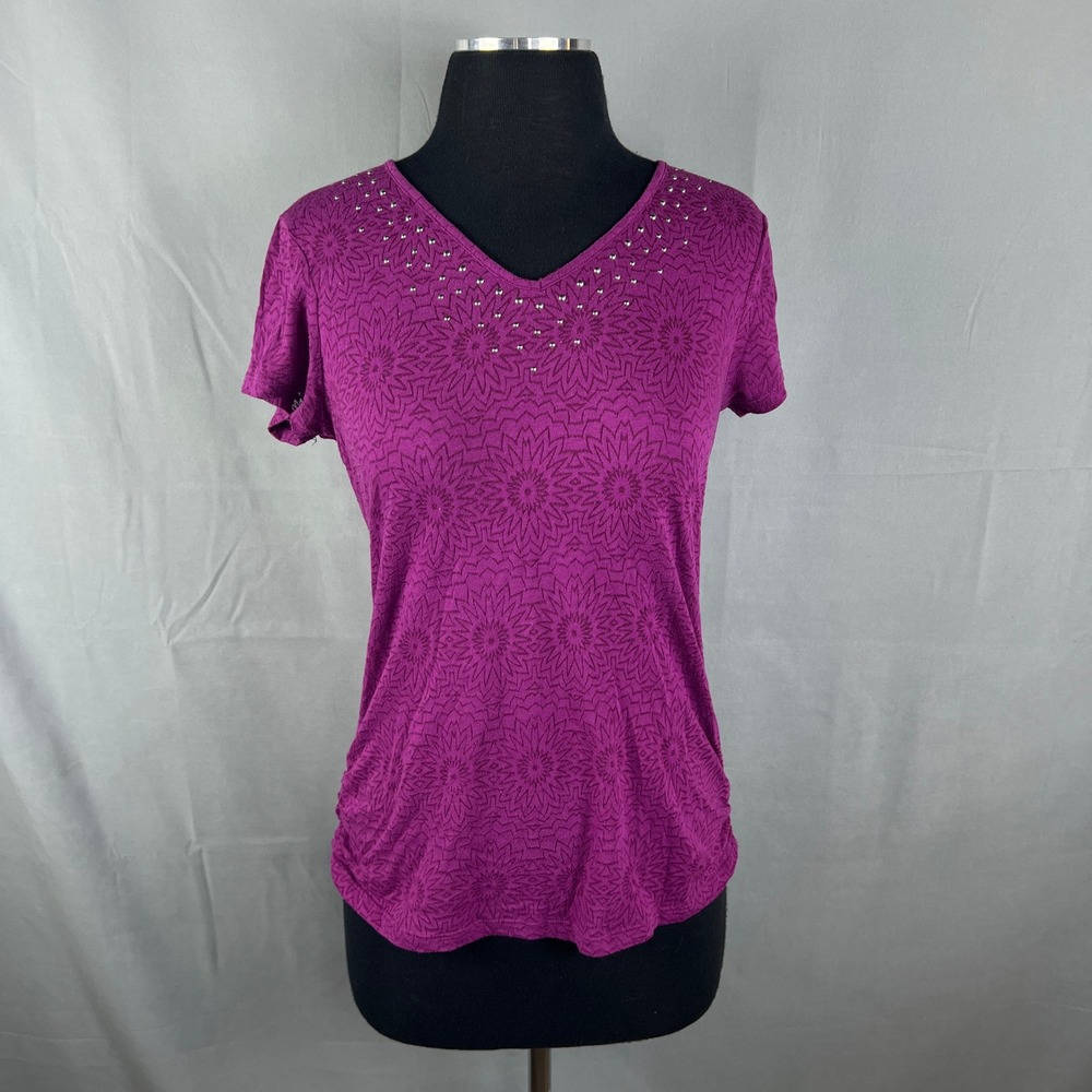 Faded Glory Blouse Top Womens XS (0-2) Purple Geometric Studs Ruched Cotton
